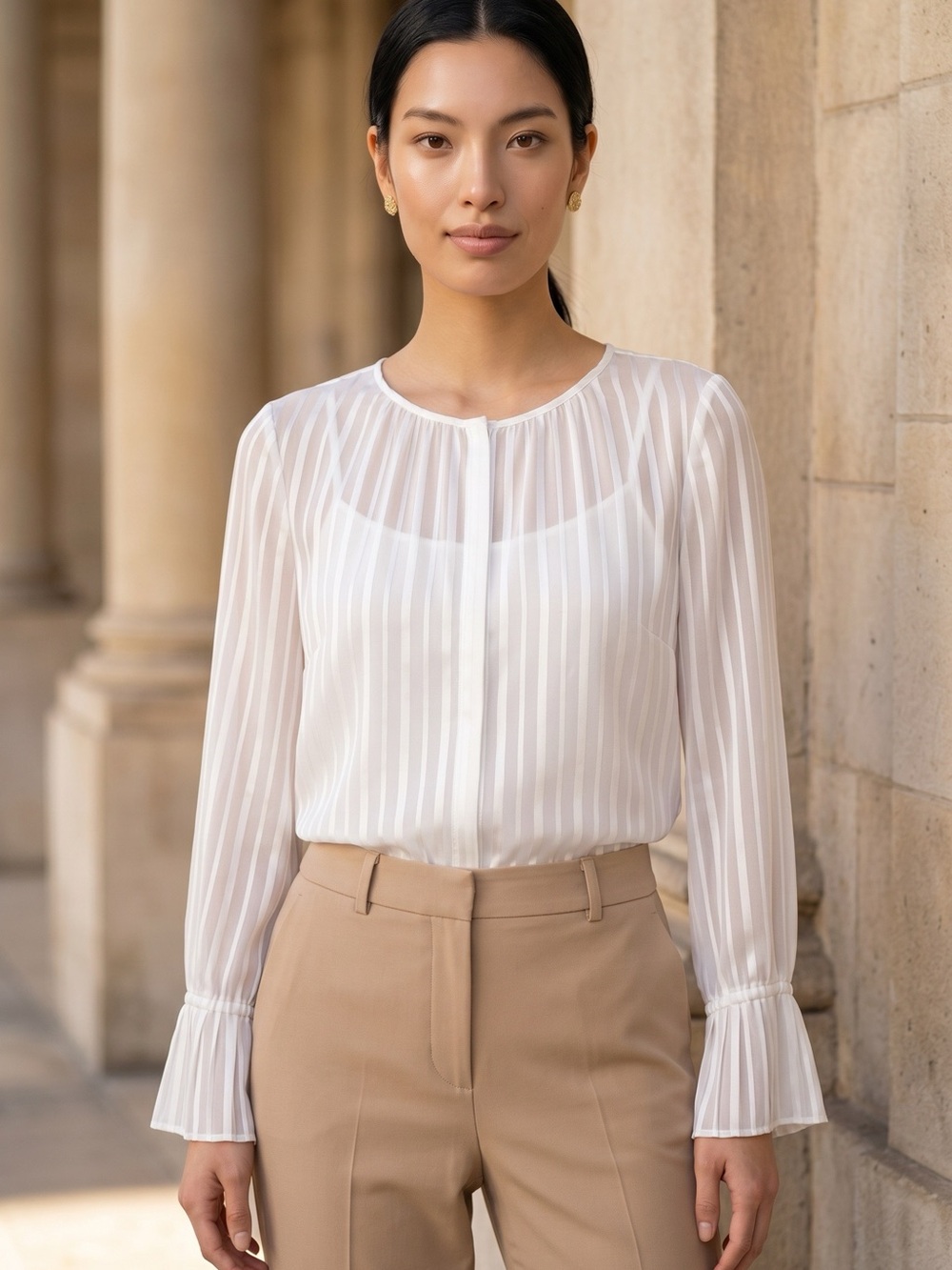 DKNY White Sheer Stripe Long-Sleeve Blouse